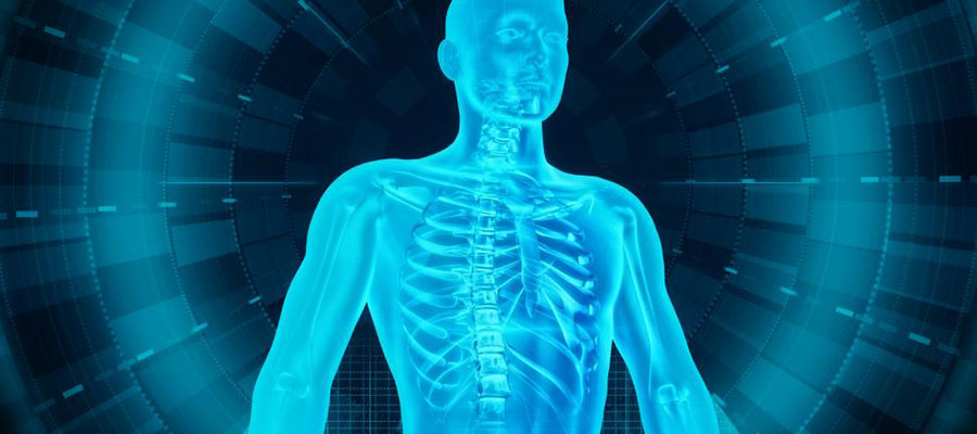 artificial intelligence program completing body scan showing ribcage of patient